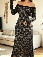 Retro Elegant Floral Lace Off-shoulder Art Casual Stylish Long Sleeve Dress