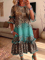 Women Ombre Leopard Print Ruffle Midi Dress Loose Flared Sleeve Dress With Pockets