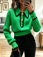 Vintage Chic Contrast Lapel Knit Art Casual Stylish Long Sleeve Sweater