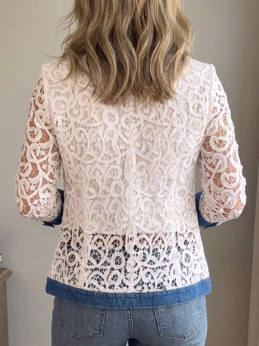 Women Lace Denim Spliced Long Sleeve Jacket Gold Button Decor Casual Outerwear