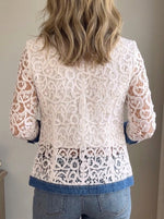 Women Lace Denim Spliced Long Sleeve Jacket Gold Button Decor Casual Outerwear