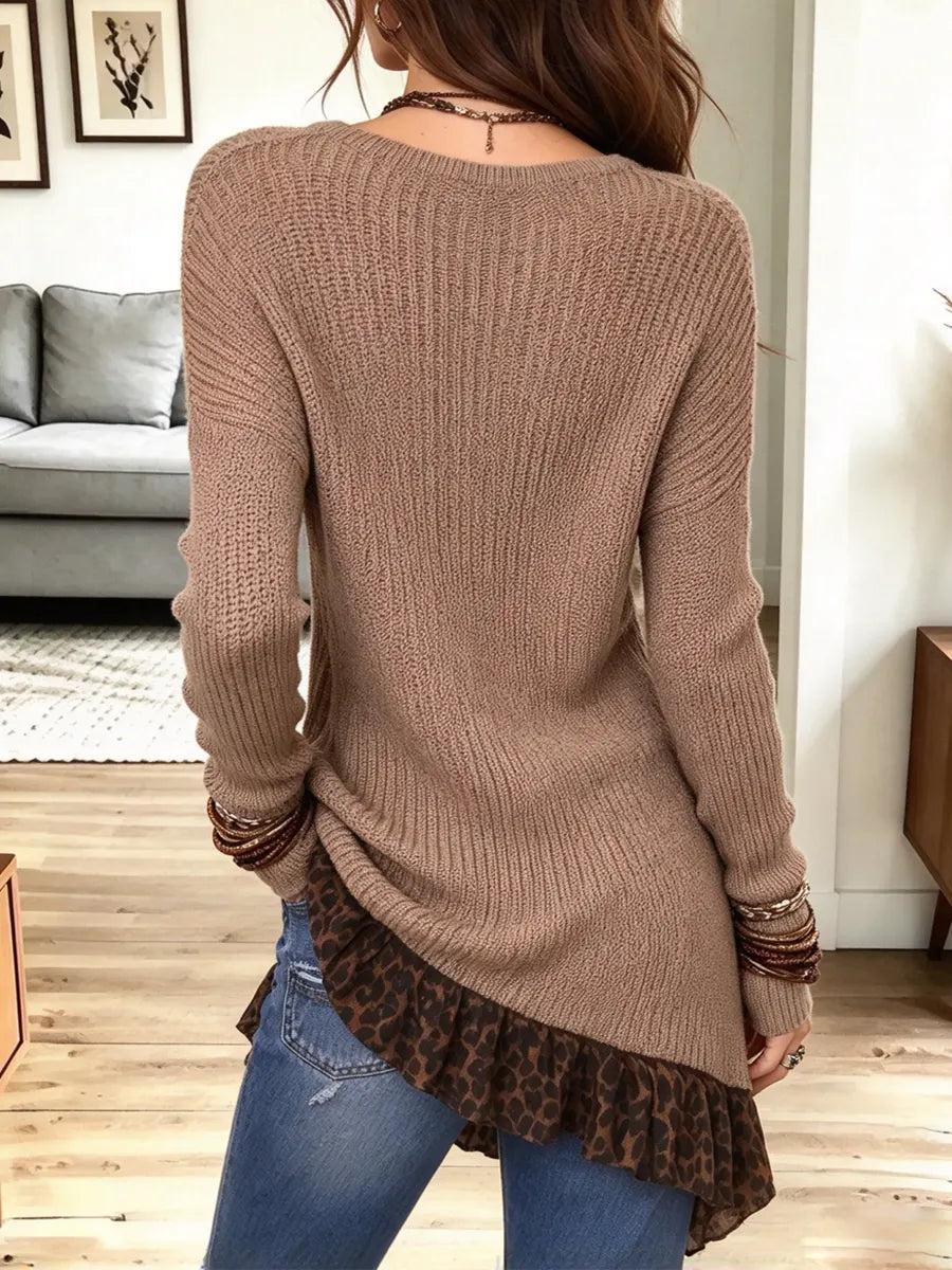 Vintage Chic Leopard Patchwork Round Collar Knitted Art Casual Stylish Long Sleeve Sweater