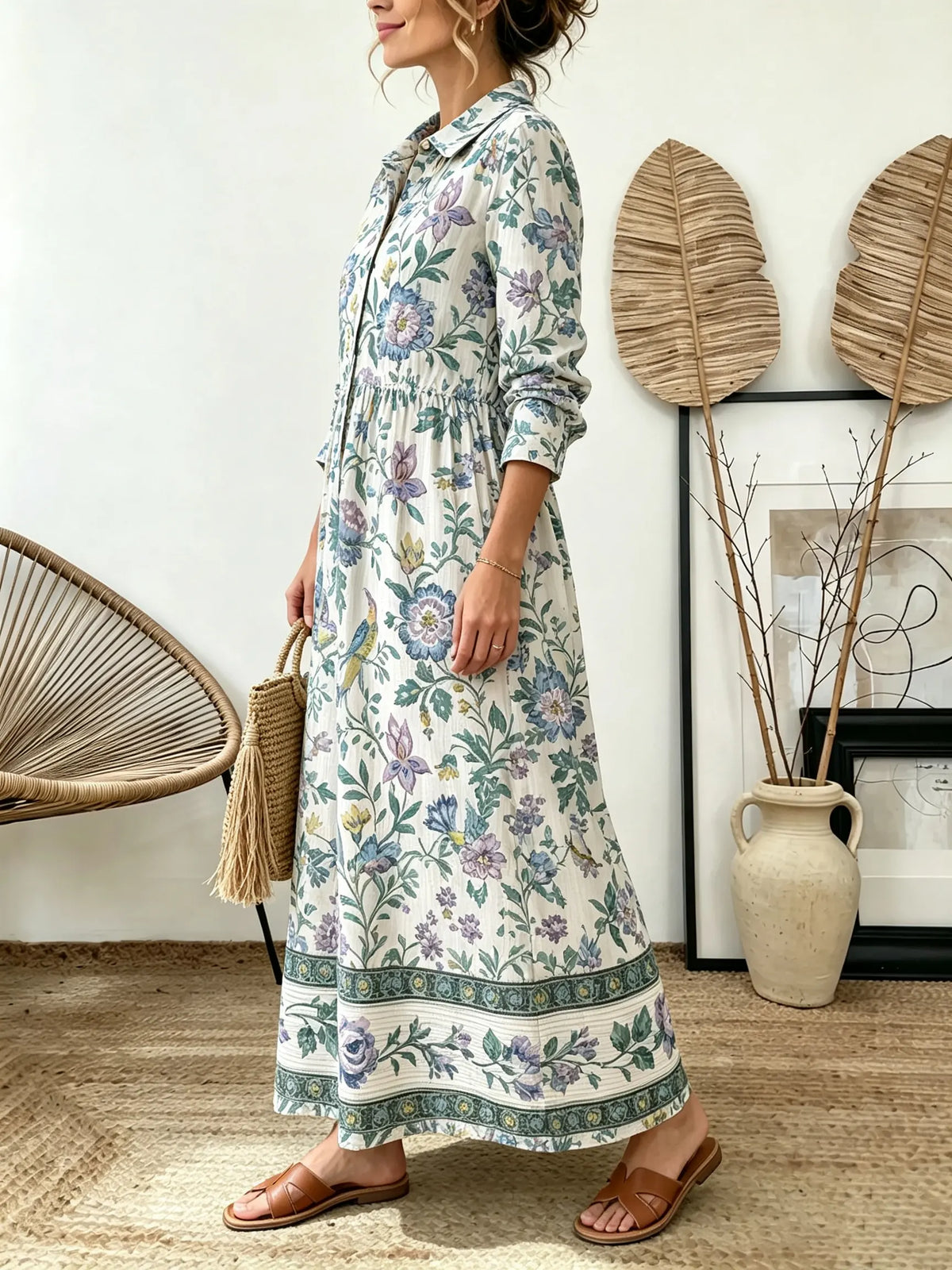 Women's Bird Botanical Border Print Collared Long Sleeve Maxi Dress