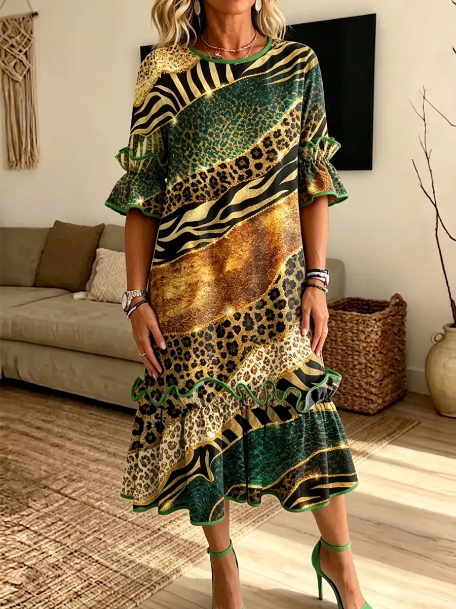 Retro Leopard Patchwork Pattern Art Print Casual Ruffle Stylish Cotton Linen Dress