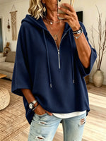 Women's Solid Waffle Knit Half Zip Hooded Short Sleeve Top