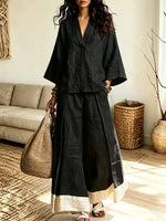 Retro 3/4 Sleeve Art Casual Stylish Top And Wide Leg Pants Two-piece Sets