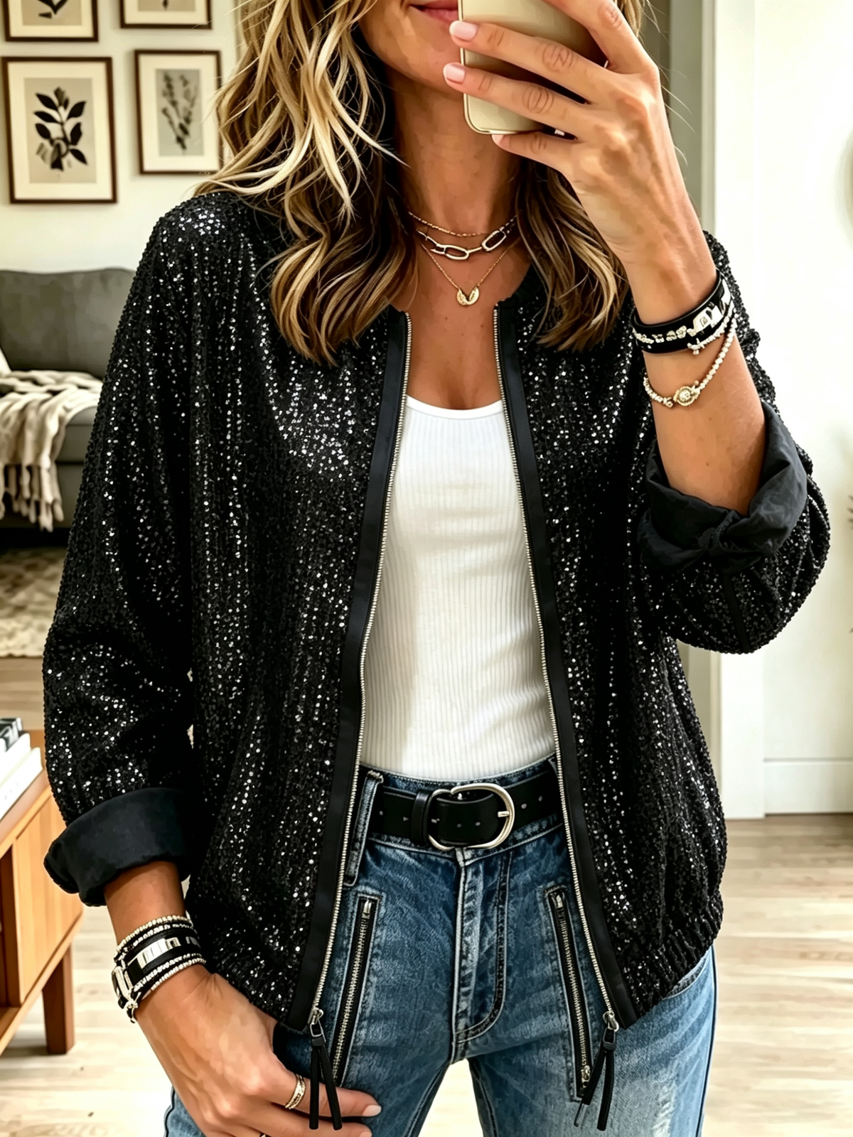 Women's Sequin Zip-Up Bomber Jacket