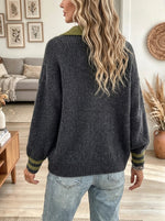 Women's Colorblock Polo Collar Button Knit Cardigan