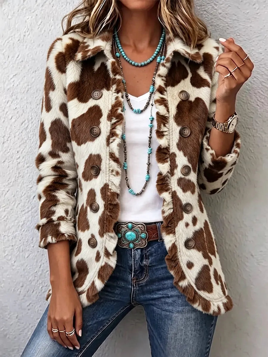Retro Cow Pattern Art Cozy Ruffle Casual Stylish Fuzzy Lapel Coat