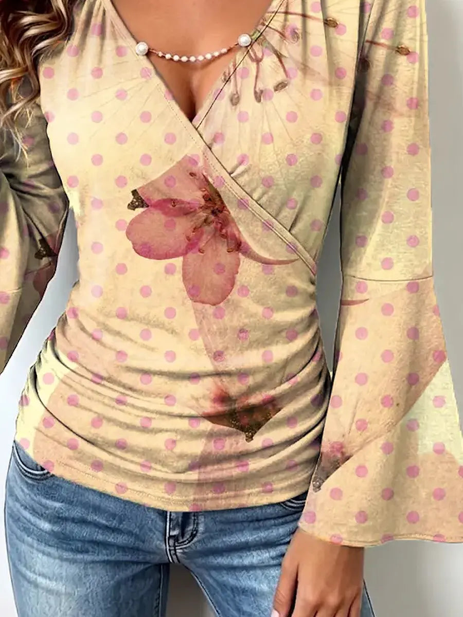 Retro Floral Polka Dot Pattern Art Print Casual Stylish Cotton V Collar Shirt