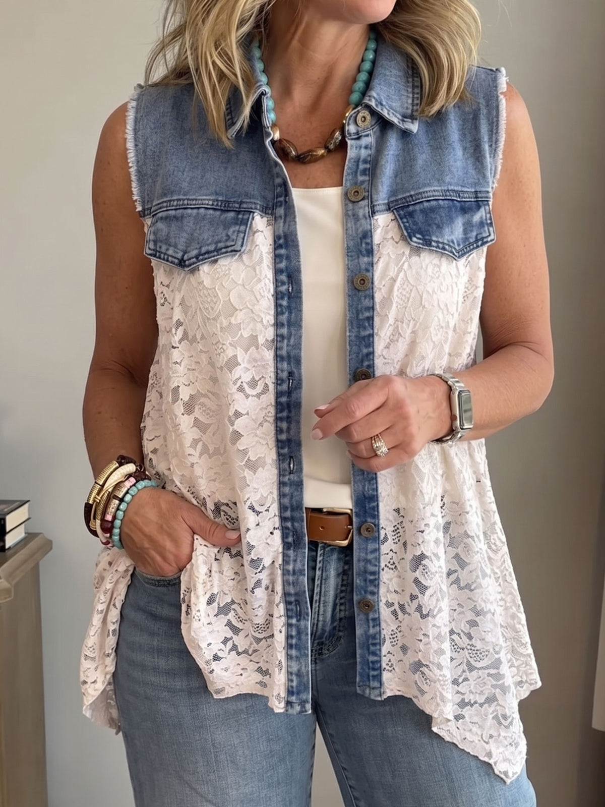 Women Denim Lace Spliced Sleeveless Vest Lapel Button Down Irregular Hem Gilet With Pockets