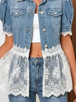 Retro Floral Lace Patchwork Casual Stylish Short Sleeve Denim Lapel Coat