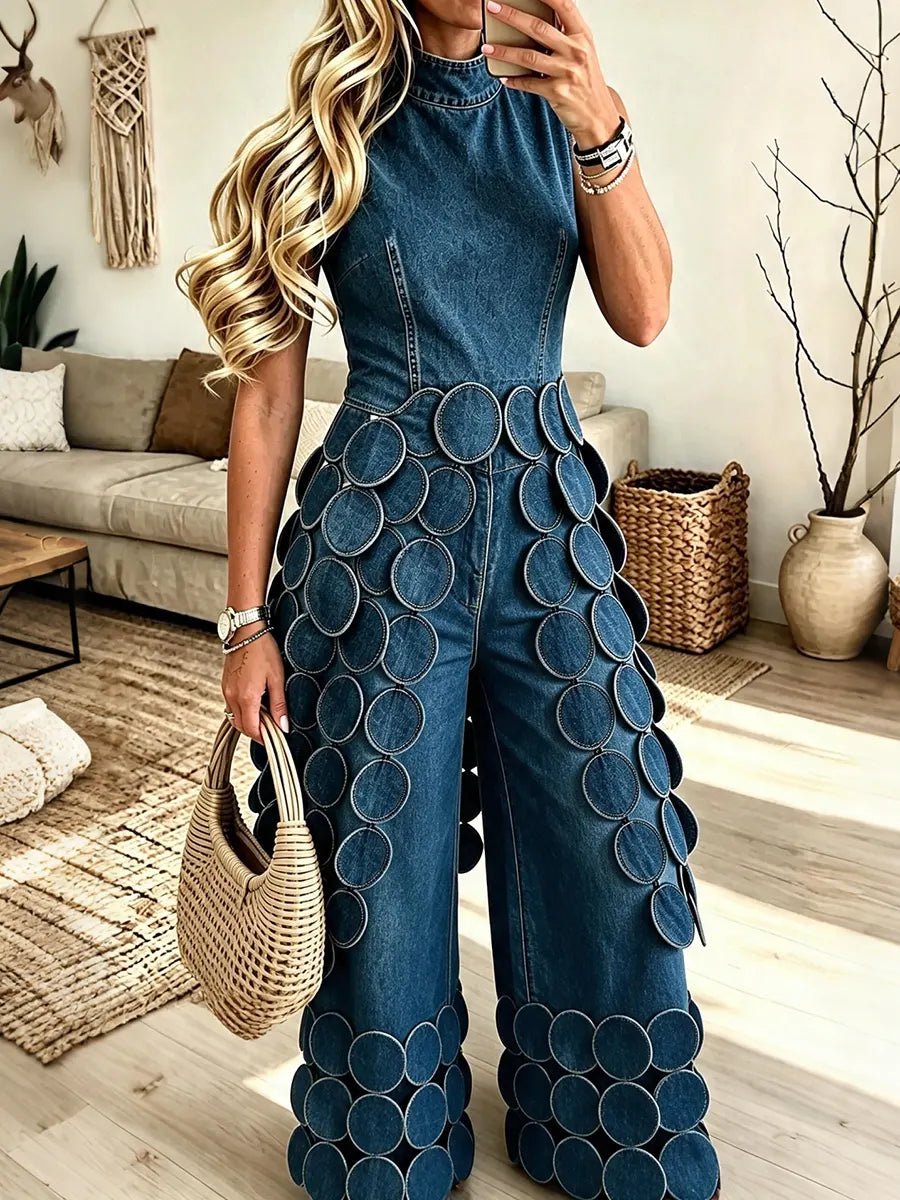 Women’s Cut-out Patchwork Denim Wide-leg Pants