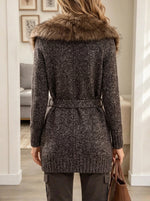 Women's Belted Faux Fur Collar Cardigan