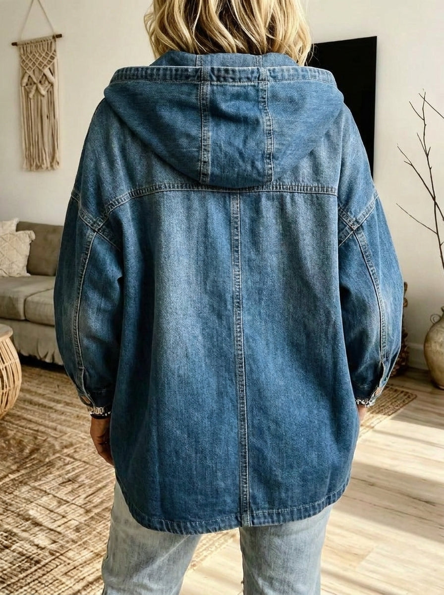 Women's Oversized Button-Down Hooded Denim Jacket