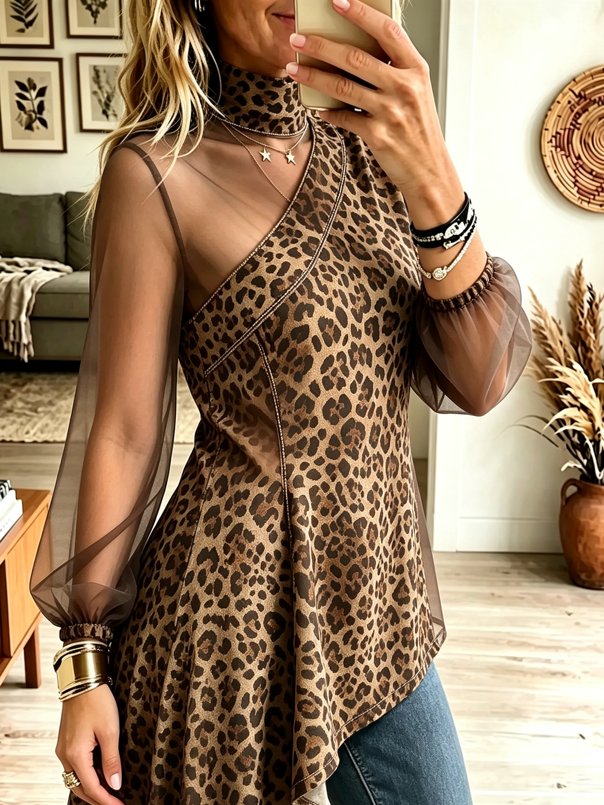 Women's Asymmetrical Leopard Print Sheer Top