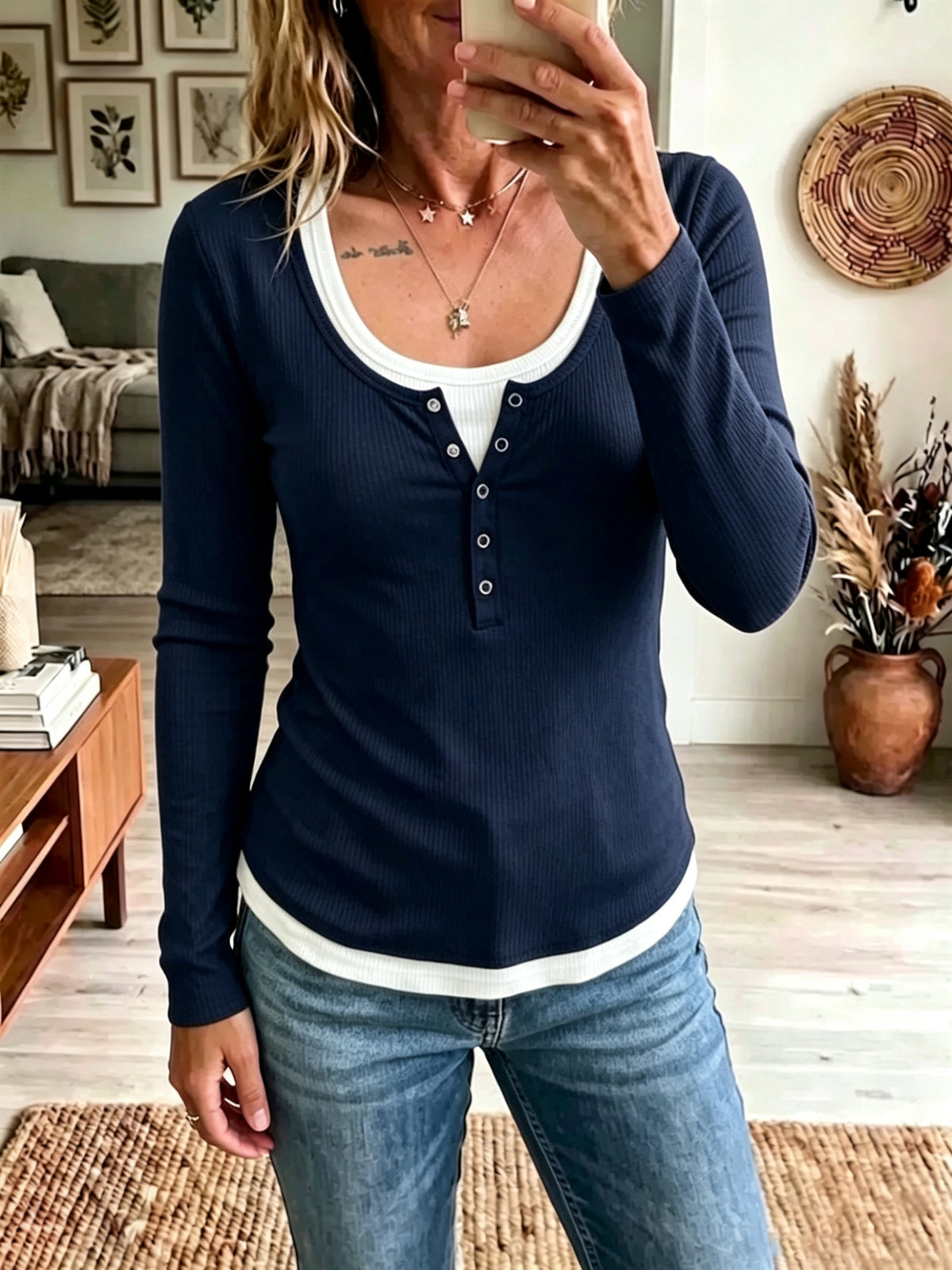 Mock Two‑Piece Ribbed Henley Top, Long Sleeve Scoop Neck Casual Tee