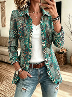 Women's Turquoise Animal Print Ruffle Blazer Jacket