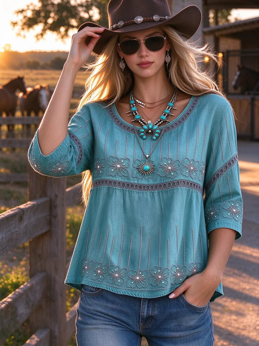 Women's Boho Embroidered 3/4 Sleeve Blouse
