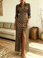 Retro Leopard Pattern Patchwork Art Casual Button Stylish Long Sleeve Maxi Dress