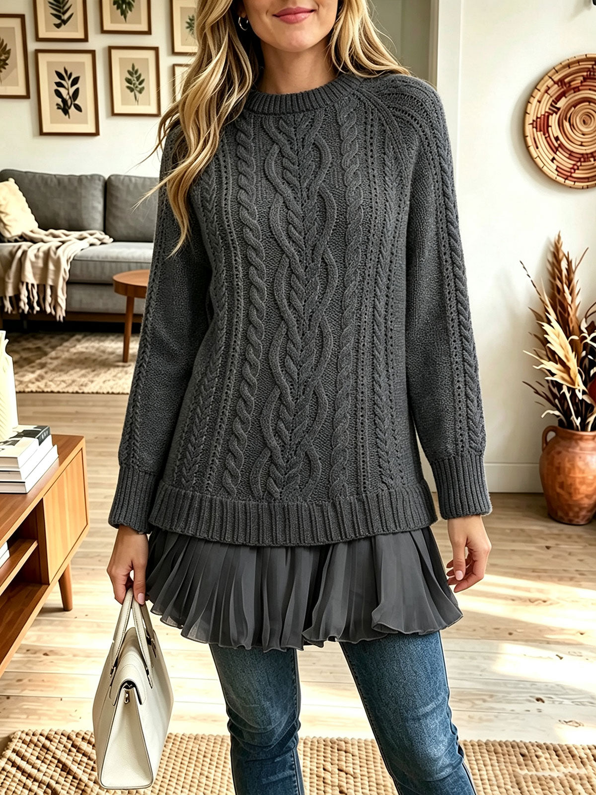 Women Cable‑Knit Mock Neck Chiffon Ruffle Hem Layered Sweater Tunic