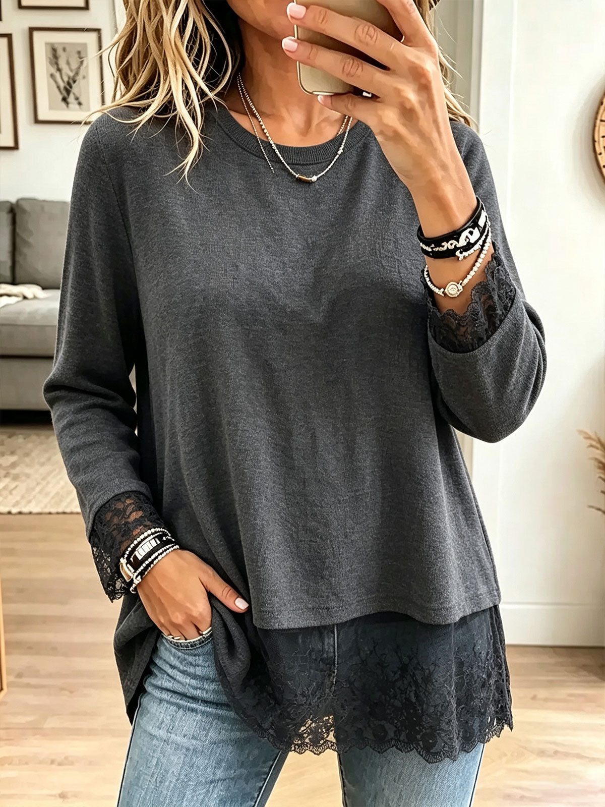Women Fake Two‑Piece Lace Trim Long Sleeve Crew Neck Top