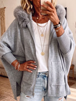 Faux Fur Hood Zip Up Oversized Batwing Sleeve Jacket