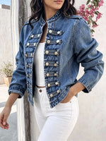 Retro Solid Color Stand Collar Art Casual Stylish Long Sleeve Denim Coat