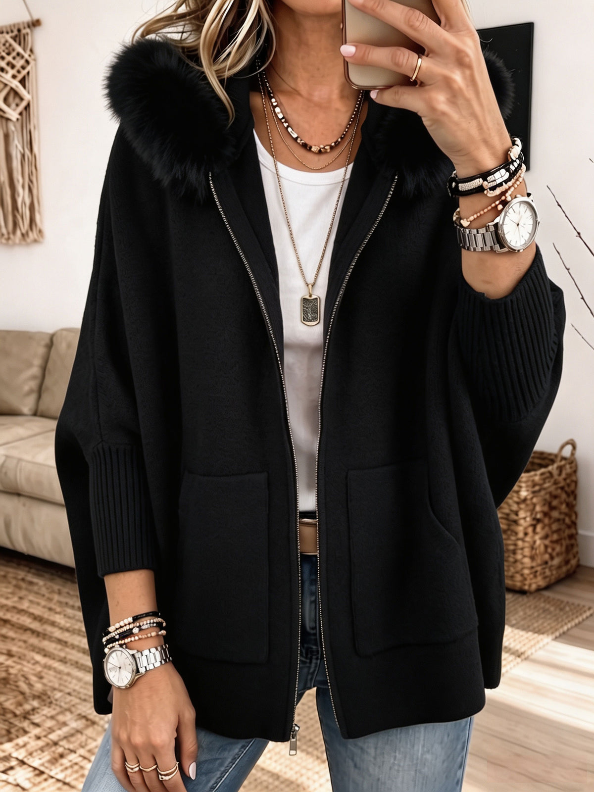Women Furry Hood Zip‑Up Knit Cardigan, Oversized Cozy Knitted Jacket With Pockets