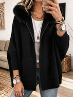 Women Furry Hood Zip‑Up Knit Cardigan, Oversized Cozy Knitted Jacket With Pockets