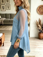 Women's Asymmetrical Sheer Sleeve Denim Top