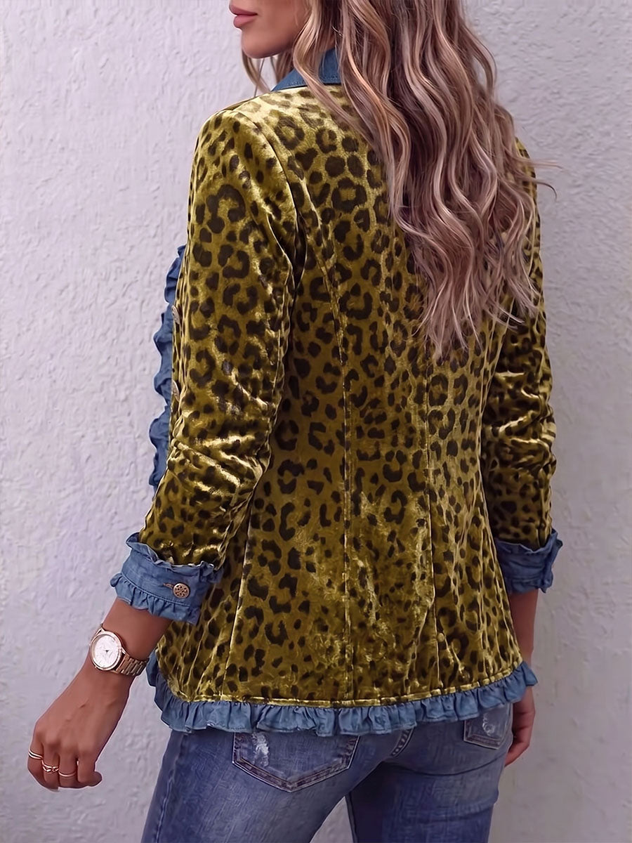 Vintage Elegant Velvet Patchwork Denim Ruffled Jacket