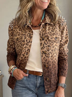 Women Gradient Leopard Print Denim Jacket Spiked Stud Shoulder Long Sleeve Outerwear With Pockets
