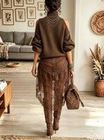 Women's Cold-Shoulder Turtleneck Sweater Lace Dress