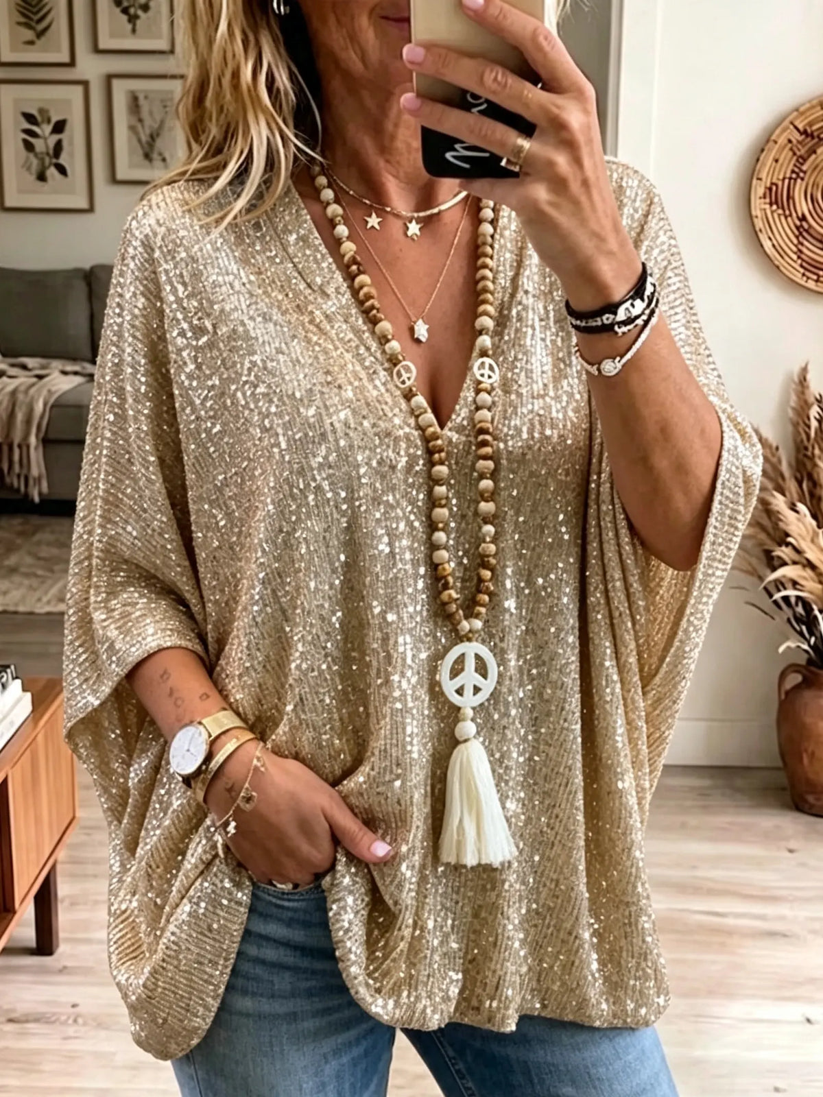 Women's Sequin V-NeckBlouse