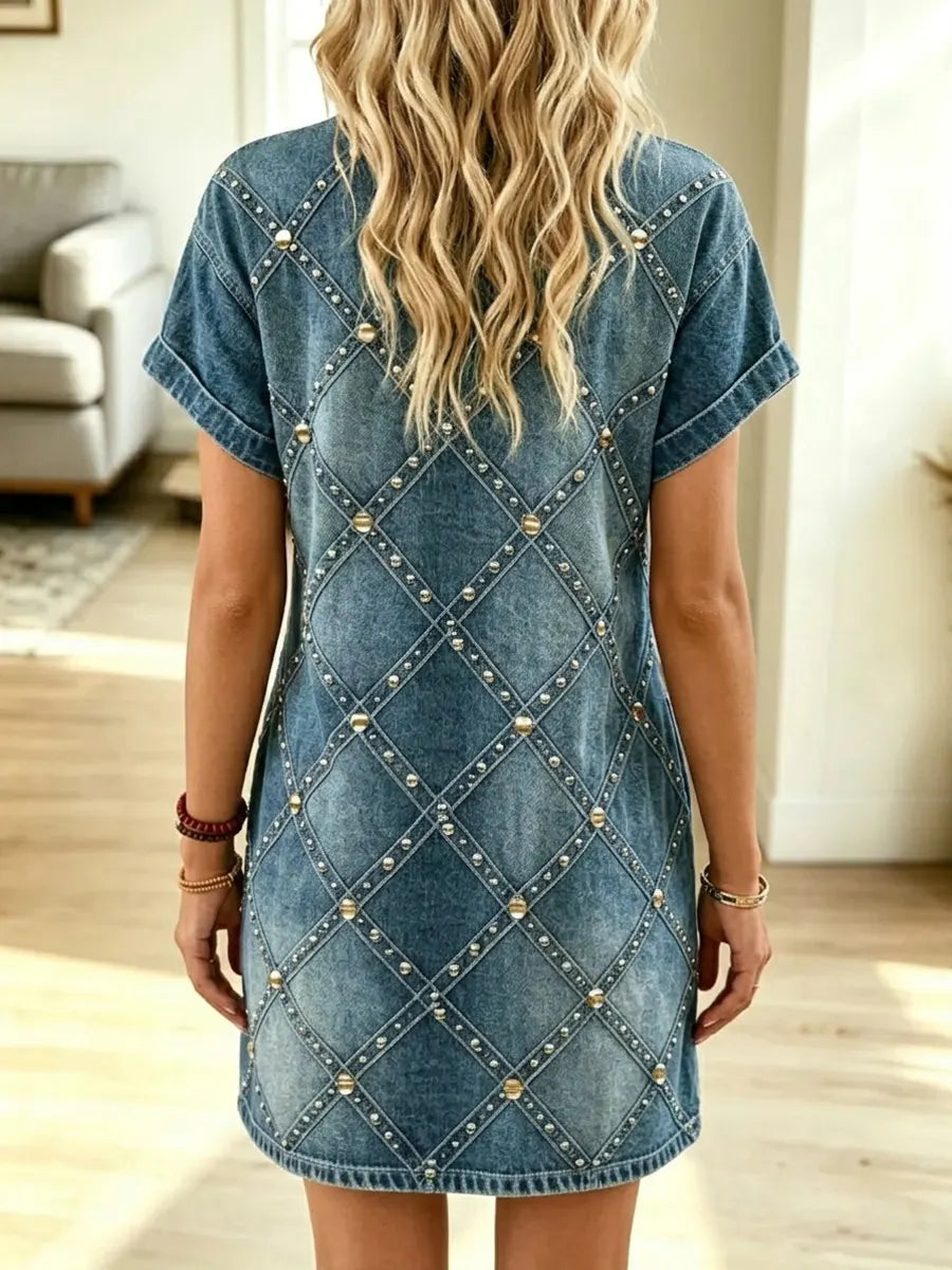 Retro Diamond Pattern Art Casual Stylish Short Sleeve Denim Mini Dress