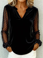 Velvet V‑Neck Blouse, Polka Dot Mesh Puff Long Sleeve Top