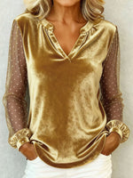 Velvet V‑Neck Blouse, Polka Dot Mesh Puff Long Sleeve Top
