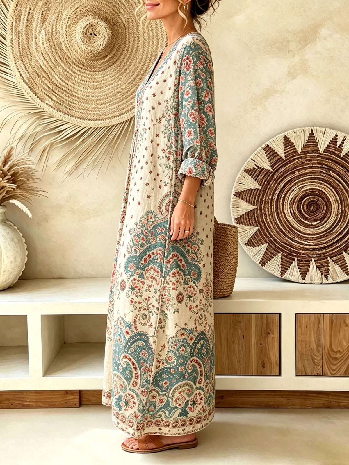 Women's Vintage Ditsy Floral Paisley Print V-Neck Maxi Dress