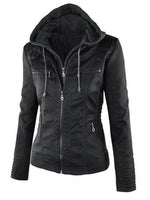 Women Detachable Hood Faux Leather Biker Jacket, Zip‑Up Slim Moto Coat With Multi Zipper Pockets
