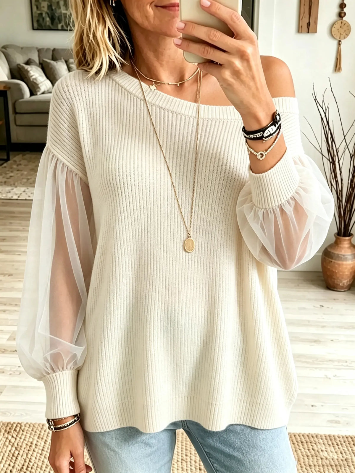 Women's Off-the-Shoulder Sheer Sleeve Knit Top
