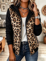 Women's Leopard Print Puffer Vest with Hood and Black Contrast Sleeves