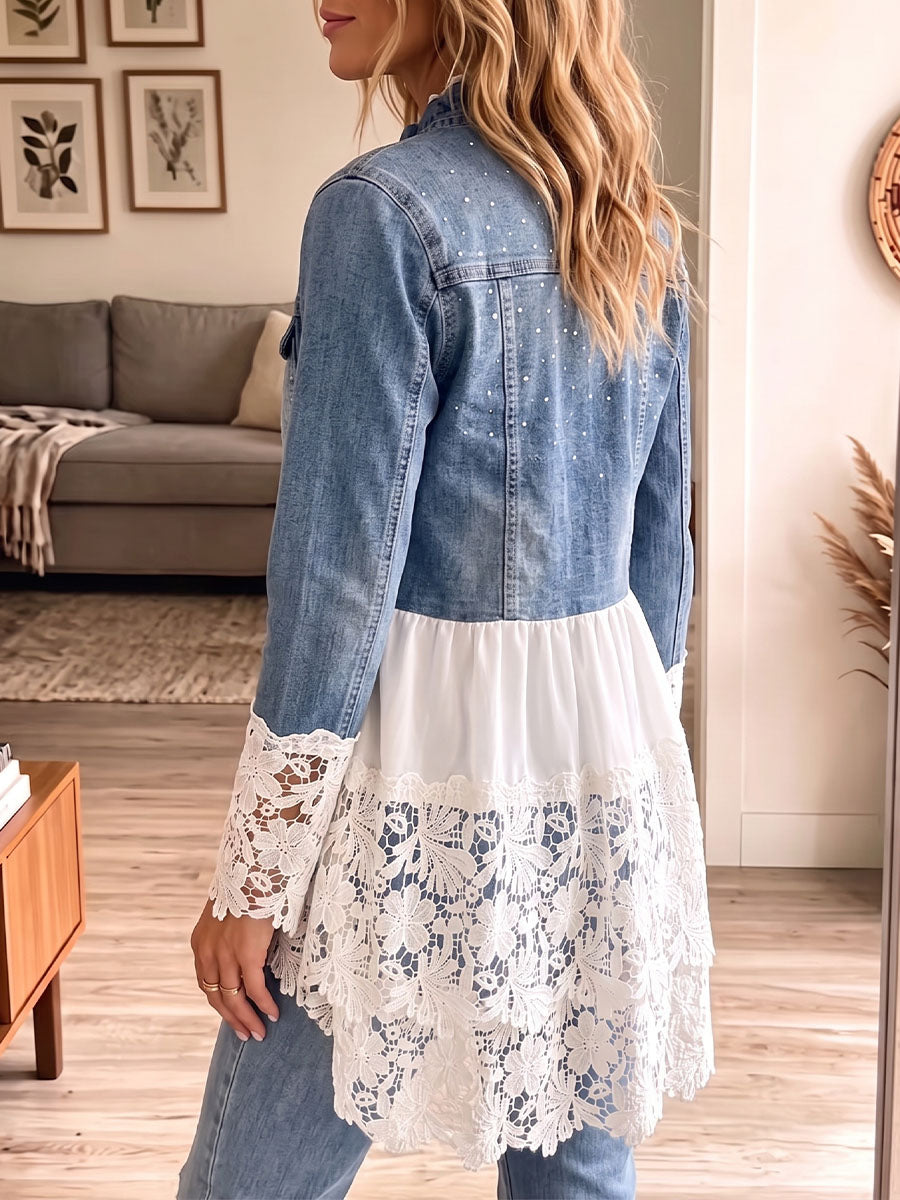 Vintage Elegant Denim Patchwork Hollowed Out Lace Jacket