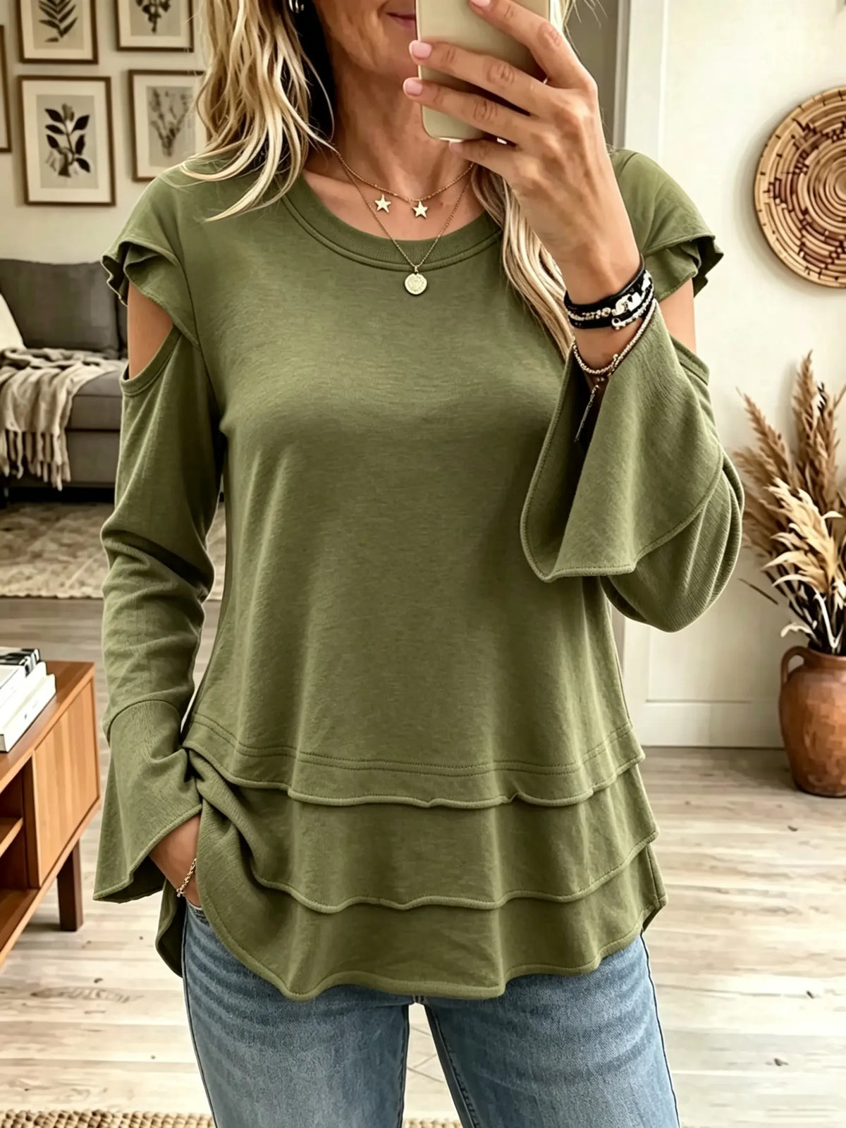Women's Cold-Shoulder Tiered Ruffle Hem Knit Top