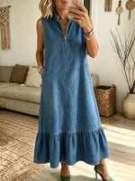 Women's Half-Zip Ruffle Hem Denim Maxi Dress