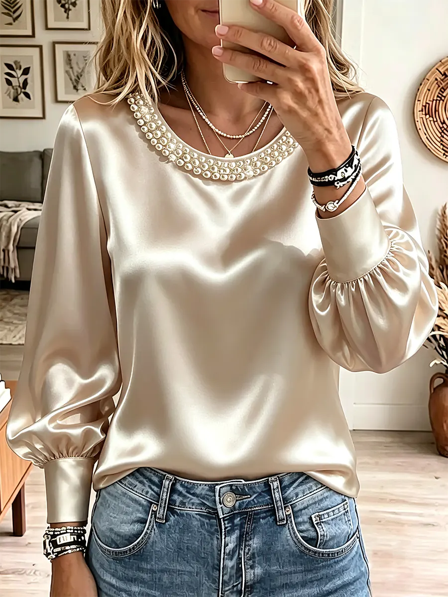 Vintage Elegant Pearl Round Neck Satin Shirt