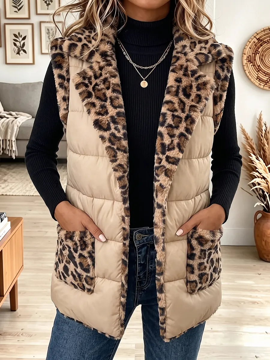 Vintage Elegant Leopard Print Ruffled Patchwork Quilted Winter Jacket Vest