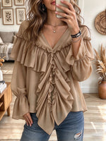 Women's Beige V-Neck Chiffon Blouse with Layered Ruffles and Flared Sleeves