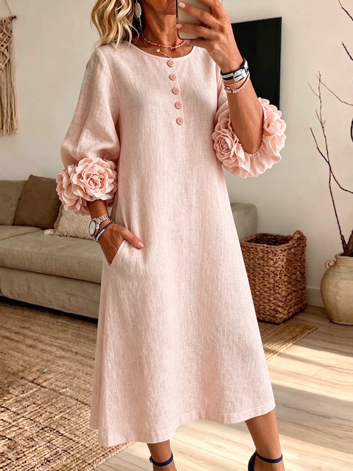 Women's 3D Floral Cuff Linen Midi Dress