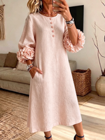 Women's 3D Floral Cuff Linen Midi Dress